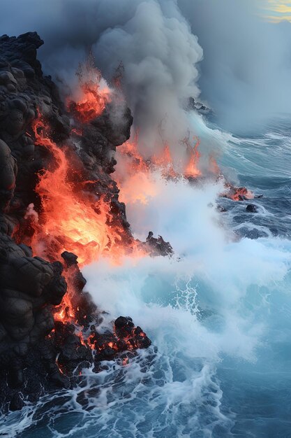 La lava fluye hacia el océano.