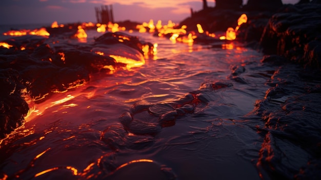 Foto la lava fundida se solidifica cerca de la orilla del océano