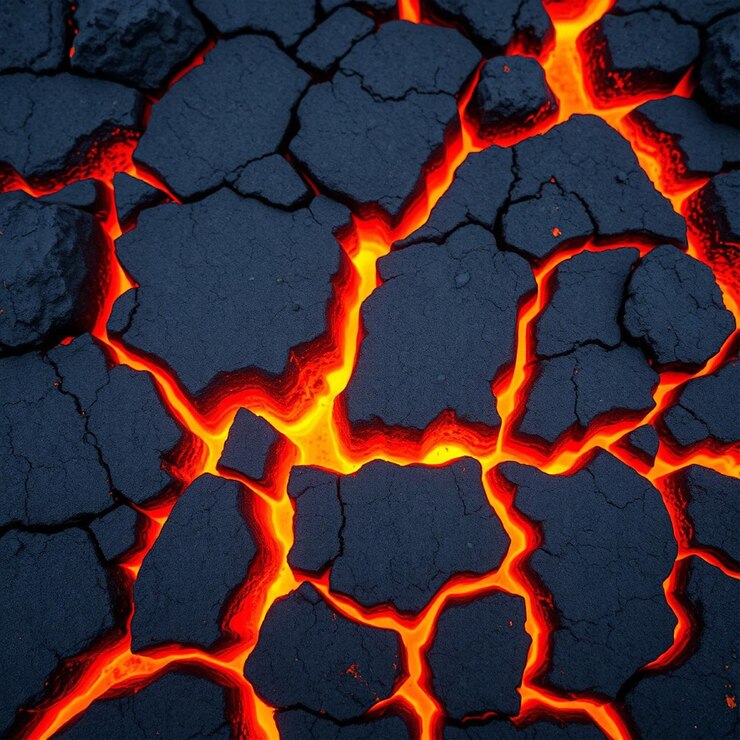 La lava negra agrietada con grietas naranjas brillantes revela