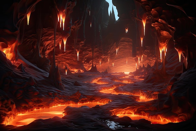 una lava que fluye a través de una cueva