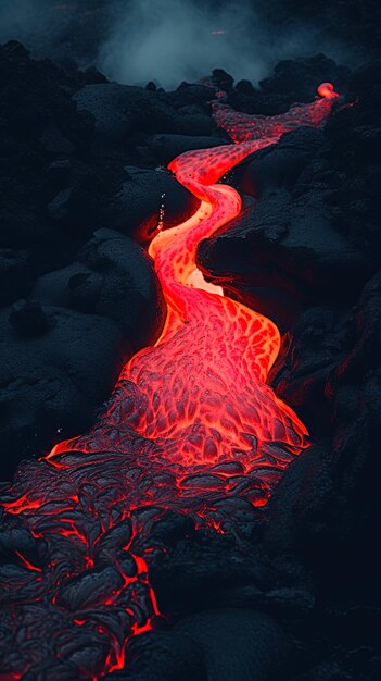 lava que fluye hacia un volcán