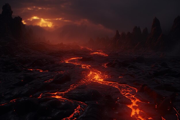 Lava vulcânica fluindo por paisagens escuras 00741 00