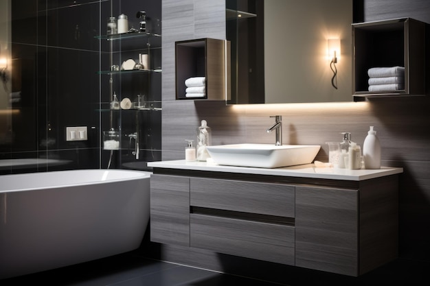 Lavabo con artículos de baño mantenidos en el gabinete por la bañera El reflejo del equipo de iluminación está en el espejo.