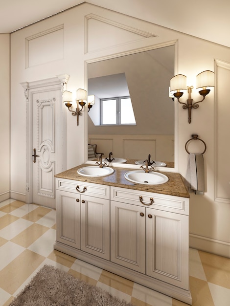 Foto lavabo de baño blanco con espejo grande y apliques a los lados del baño provenzal. encimera de mármol con dos lavabos. render 3d.