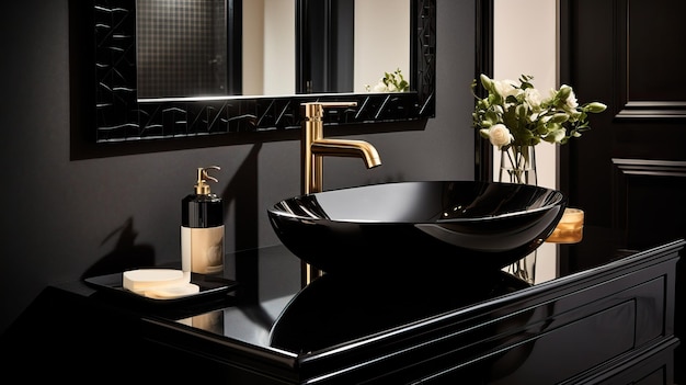 Lavabo de baño de cerámica negra con elegante grifo de oro