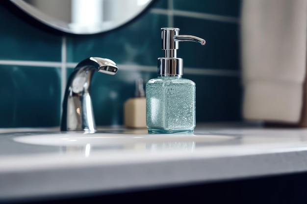 Lavabo de baño moderno con dispensador de jabón incorporado y un espejo creado con tecnología de IA generativa