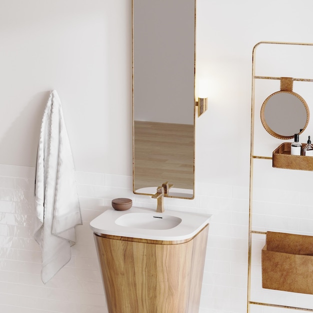 Lavabo de baño moderno de lujo en soporte de madera con escalera de espejo  y toallas baño interior 3d renderizado