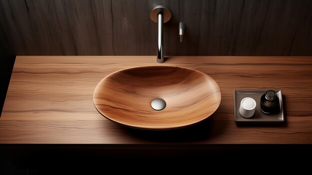 Foto lavabo del baño sobre mesa de madera ilustración 3d