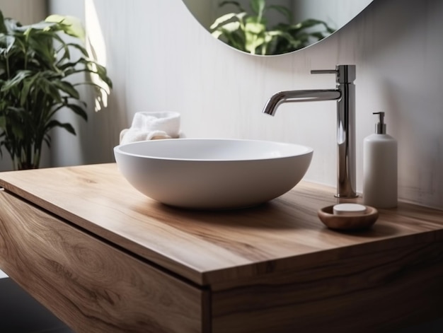 Un lavabo blanco en un baño con espejo y una botella de jabón.