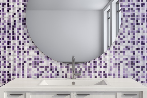 Lavabo blanco cerca de una pared de azulejos morados con un gran espejo redondo colgado encima. representación 3d