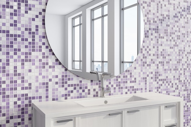 Lavabo blanco cerca de una pared de azulejos morados con un gran espejo redondo colgado encima. Vista lateral. representación 3d