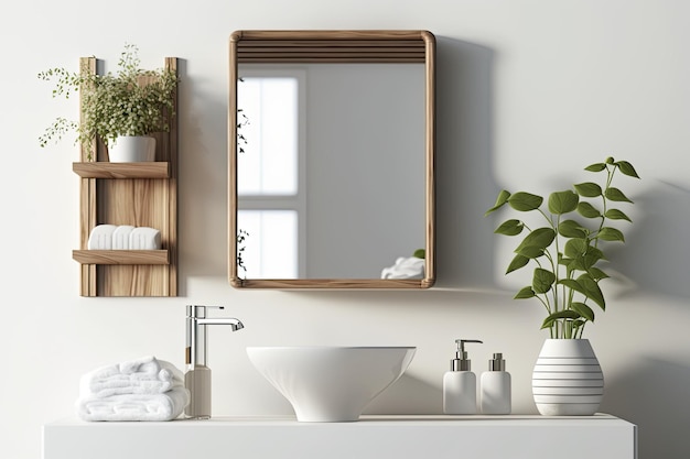 Lavabo blanco en un estante de madera Un espejo cuadrado de pared blanca Primer plano