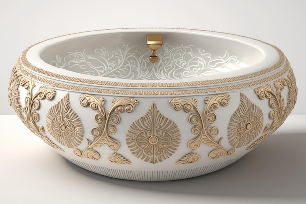 Lavabo blanco redondo con detalles dorados y diseños intrincados creados con ai generativo