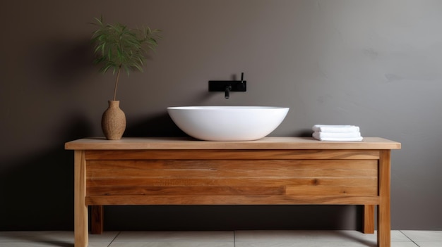 Lavabo de madeira com pia de vaso de cerâmica branca Desenho interior de banheiro moderno