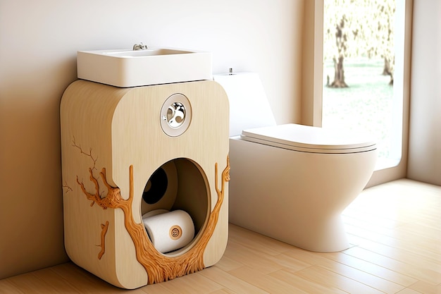 Lavabo de madera para baño ecológico con papel higiénico ecológico