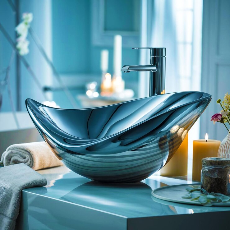 un lavabo o fregadero moderno en un baño en el fondo