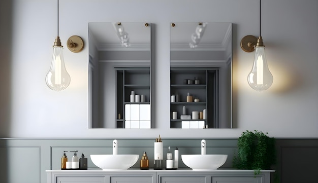 Lavabos dobles en elegante interior de baño de hormigón blanco y madera ai generativo