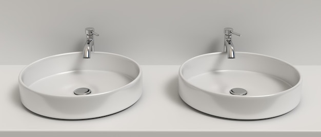 Lavabos y grifos baño interior Grifos mezcladores cromados y lavabos blancos Ilustración 3d
