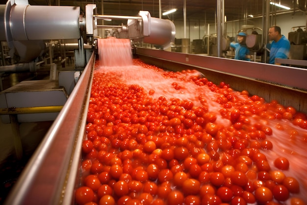 Lavado automático de tomates en la producción de ketchup y jugo de tomateAI generado