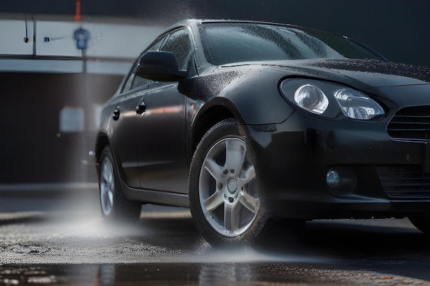 Lavado de autos con espuma y agua Lavado de automóviles con agua a alta presión en un lavado de automóvilos profesional