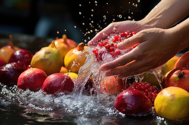 lavado a mano de frutas y verduras orgánicas salpicaduras de agua publicidad profesional fotografía de alimentos
