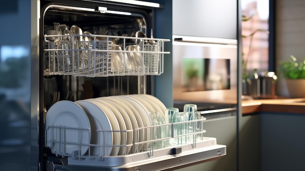 Foto un lavador de platos completamente cargado con varios platos en su interior
