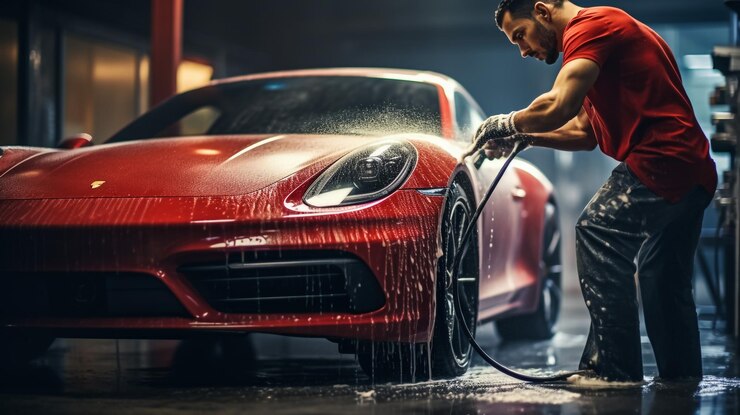 Lavador profesional con camiseta y gorra limpiando un capó de coche con microfibra amarilla en el lavado de coches al aire libre