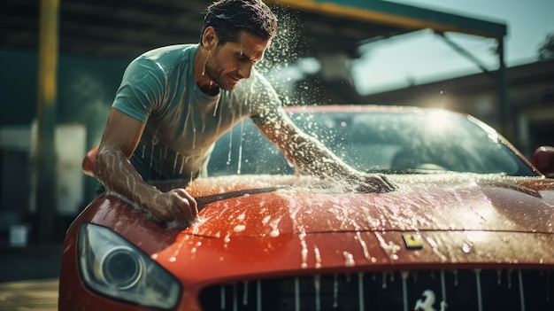 Foto lavador profissional de camiseta e boné limpando um capô de carro com microfibra amarela na lavagem de carros ao ar livre