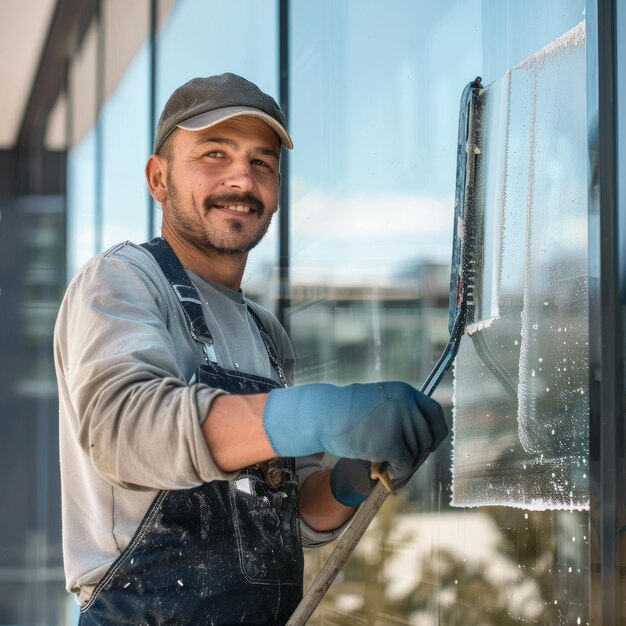 Foto un lavador de ventanas sonriente lava las ventanas a una altura