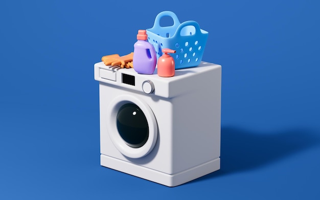 Lavadora de dibujos animados y detergente para la ropa en el fondo azul Ilustración 3D de renderización 3D