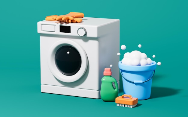 Lavadora de dibujos animados y detergente para la ropa en el fondo verde ilustración 3D de renderización 3D