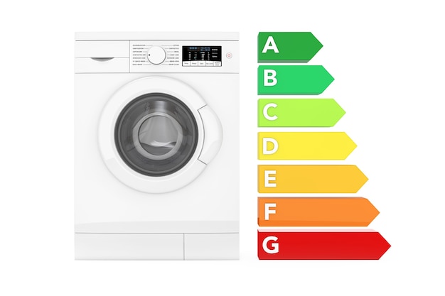 Lavadora con gráfico de eficiencia energética sobre un fondo blanco. Representación 3D