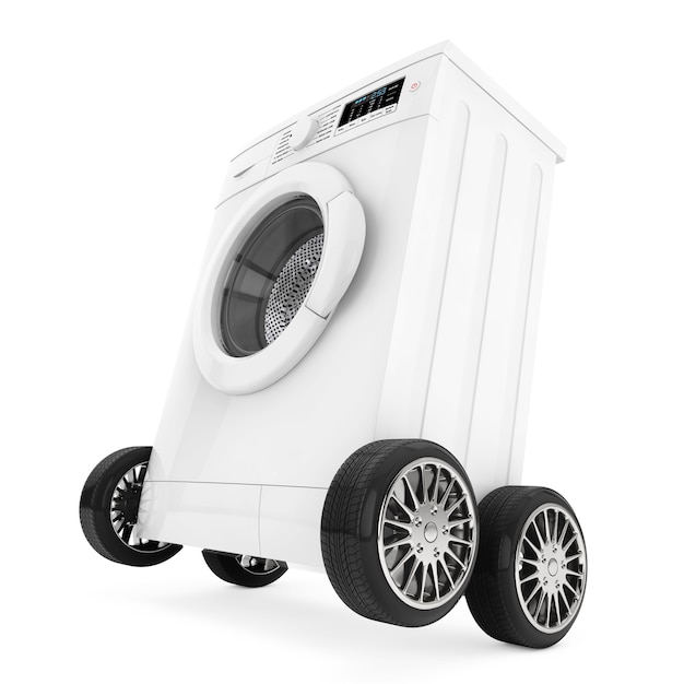 Lavadora moderna sobre ruedas sobre un fondo blanco. representación 3d.