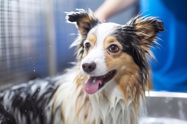 Lavadora de perros en la ducha cuidado y aseo de mascotas