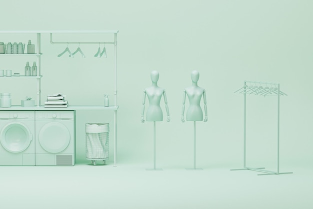 Lavadora y ropa en un estante de almacenamiento de perchas en fondo verde monocromo 3D Render