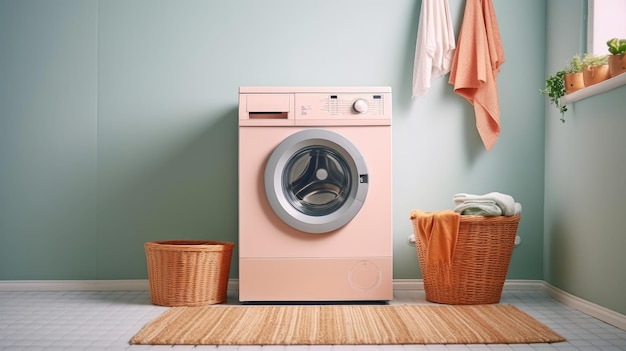 Una lavadora rosa en una habitación con un cesto y un cesto de ropa sucia.