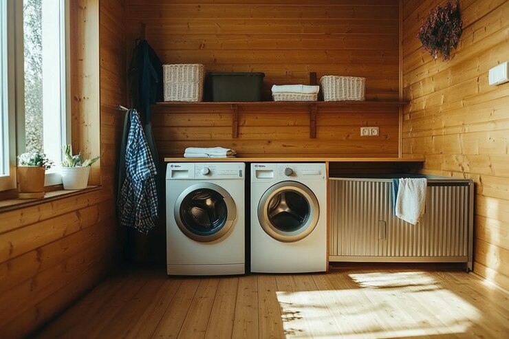 una lavadora y una secadora están en una habitación de madera con una pared de madera