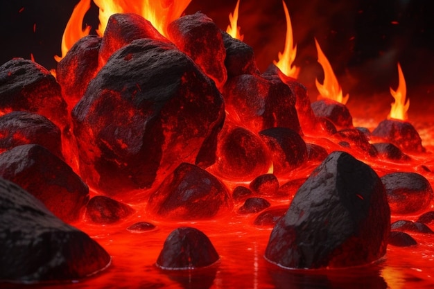 Lavafeuer verbreitete sich in den Bergen. Lava brach Tapeten mit dunklerem Hintergrund. Feuerexplosion auf Stein.