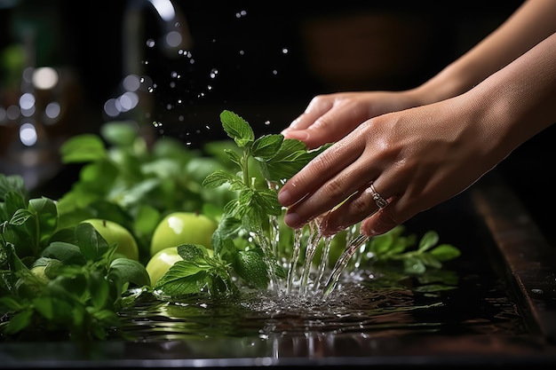 lavagem à mão de frutas e legumes orgânicos salpico de água fotografia de alimentos de publicidade profissional