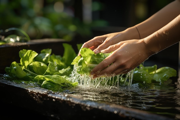 lavagem à mão de frutas e legumes orgânicos salpico de água fotografia de alimentos de publicidade profissional