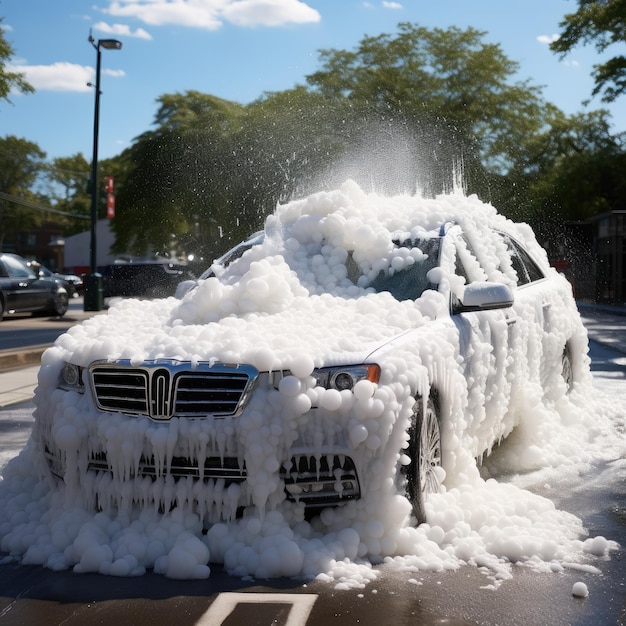 Foto lavagem de carros com espuma branca lavagem de automóveis conceito irrealista ia generativa