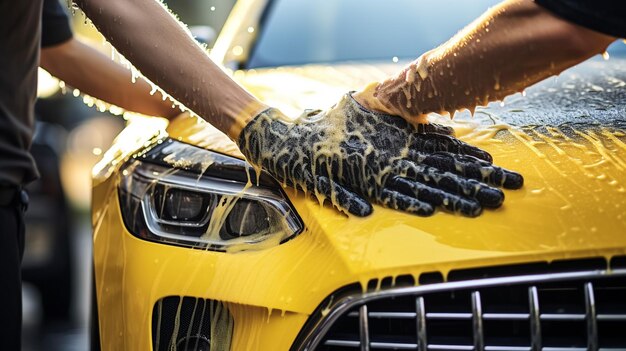 Lavagem de carros lavagem de carros com espuma azul usando água de alta pressão foco seletivo