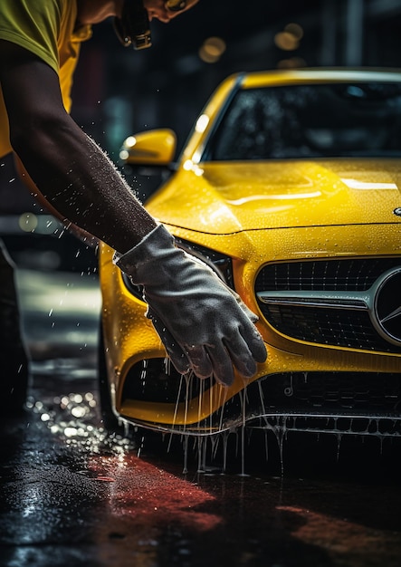 Foto lavagem de carros retrato de jovem homem bonito limpando seu carro usando água de alta pressão e pano em uma lavagem de carros