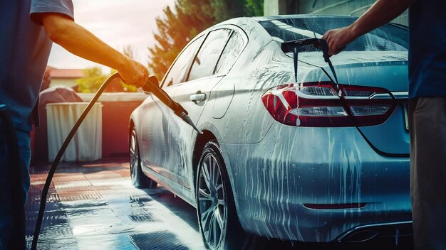 Foto lavagem manual de automóveis com água pressurizada em lavagem de automóveis ao ar livre lavagem de veículos de verão