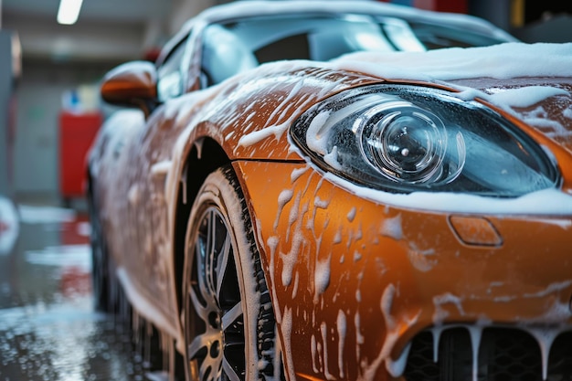 Lavagem profissional de carros laranja Carro esportivo com close de shampoo