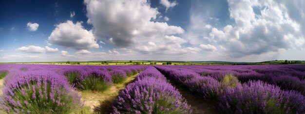 Foto lavanda en campo amplio con cielo azul y nube blanca beautiful landscapebanner ai generado