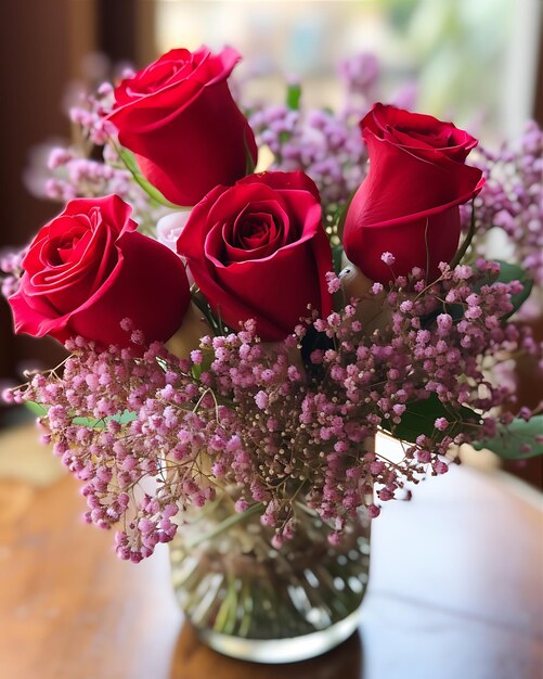 Foto lavanda e respiração de bebê com rosas vermelhas em vaso