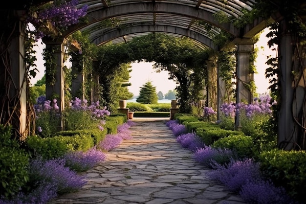 lavanda en un jardín con pérgola.