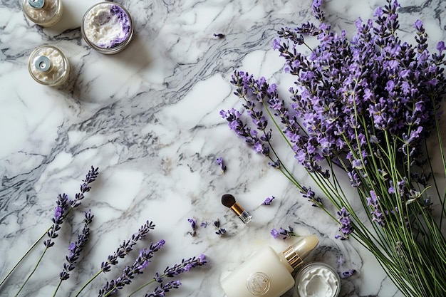 Lavanda minimalista y cosméticos colocados en el mármol