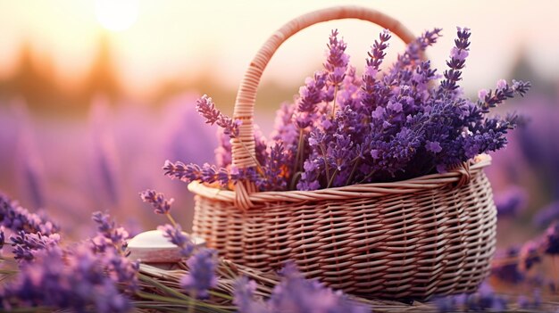 Foto lavanda numa cesta no campo paisagem de verão com um campo de lavanda num estilo provençal